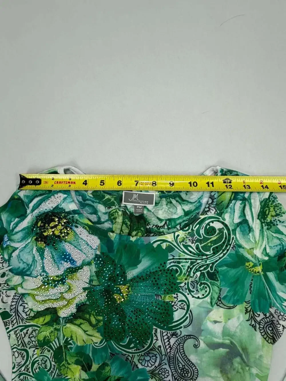 JM Collection Petite Green Floral Rhinestone Embellished 3/4 Sleeve Top - Picture 6 of 10